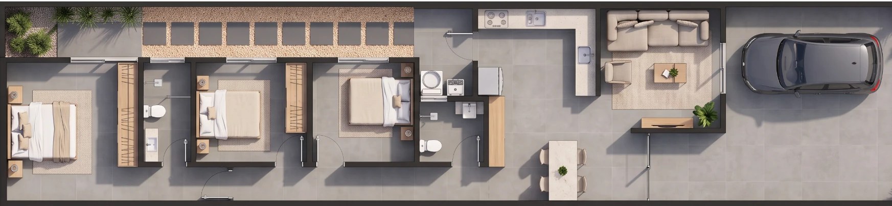Planta humanizada da casa: garagem e sala de TV na frente, cozinha integrada, lavanderia, banheiro social, dois quartos e a suíte nos fundos, com o corredor lateral de jardim