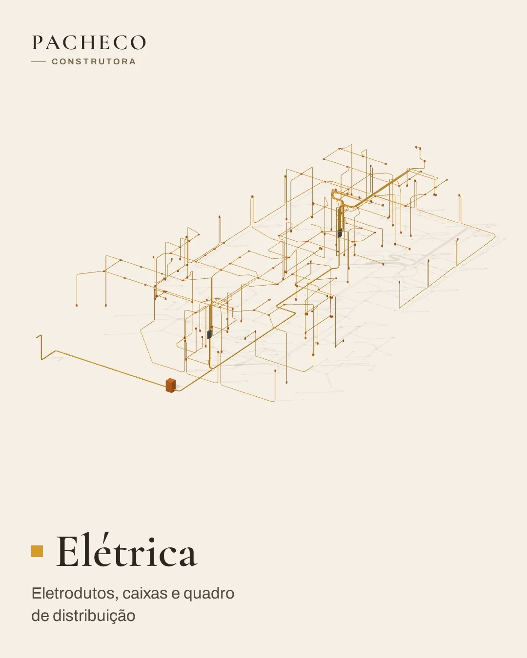 Vista isométrica só da elétrica: eletrodutos, caixas e quadro