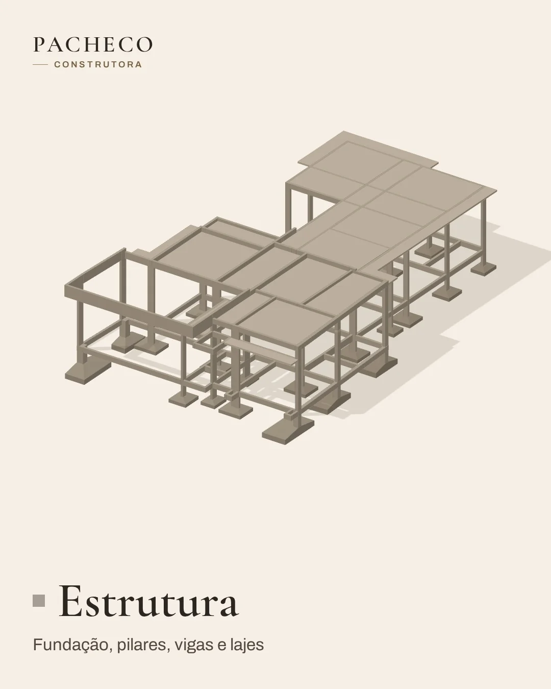 Vista isométrica só da estrutura: fundação, pilares, vigas e lajes
