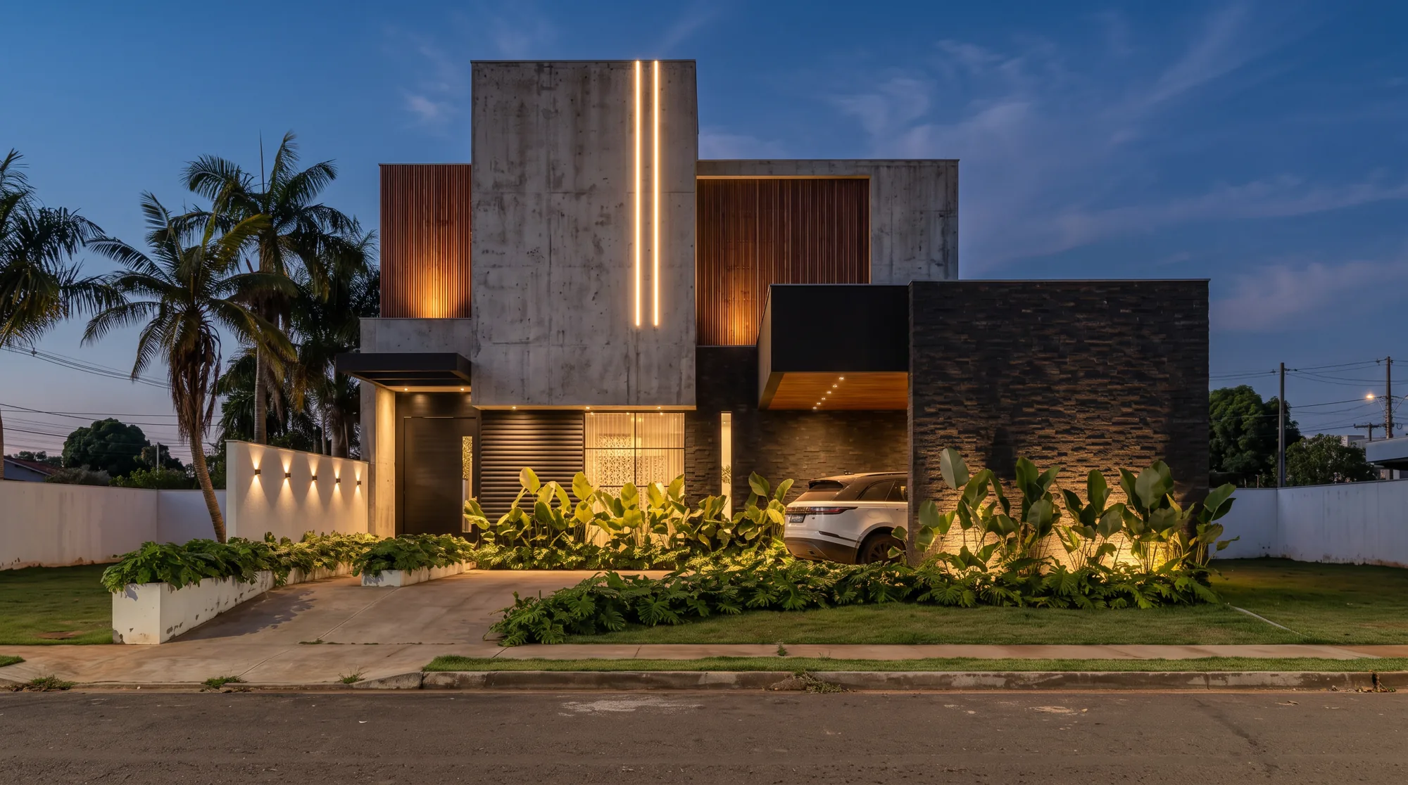Casa com volumes de concreto, madeira e pedra escura, iluminada à noite