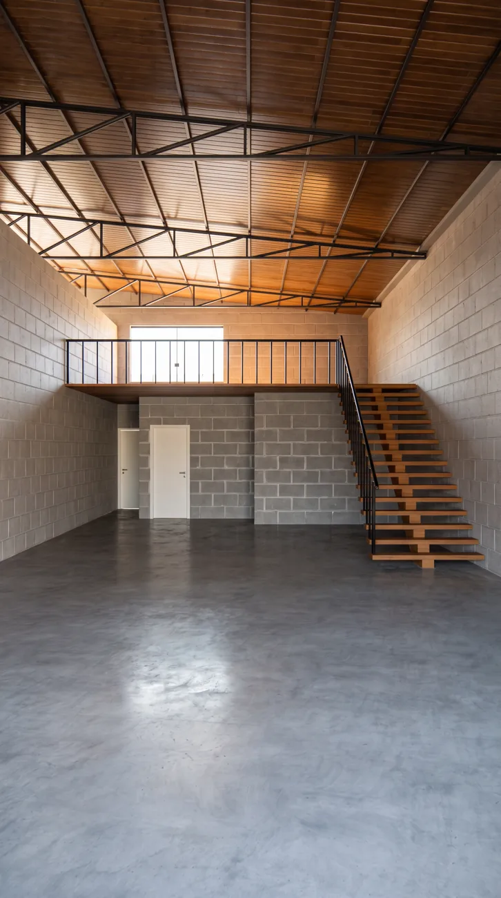 Interior de loja da galeria comercial, com mezanino e escada metálica