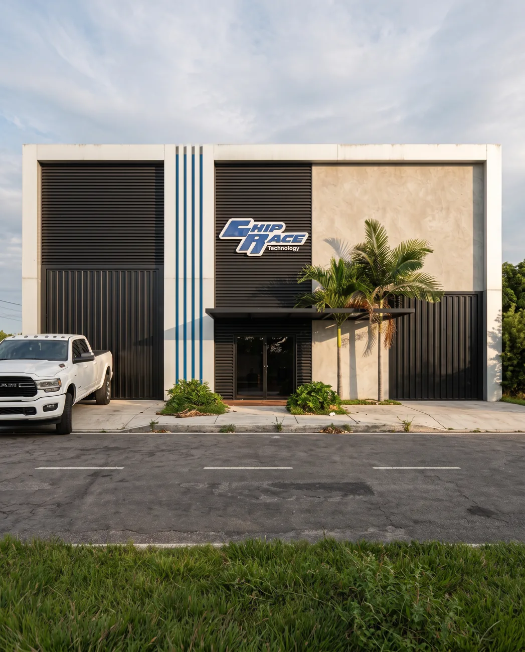 Fachada de oficina e showroom de carros durante o dia