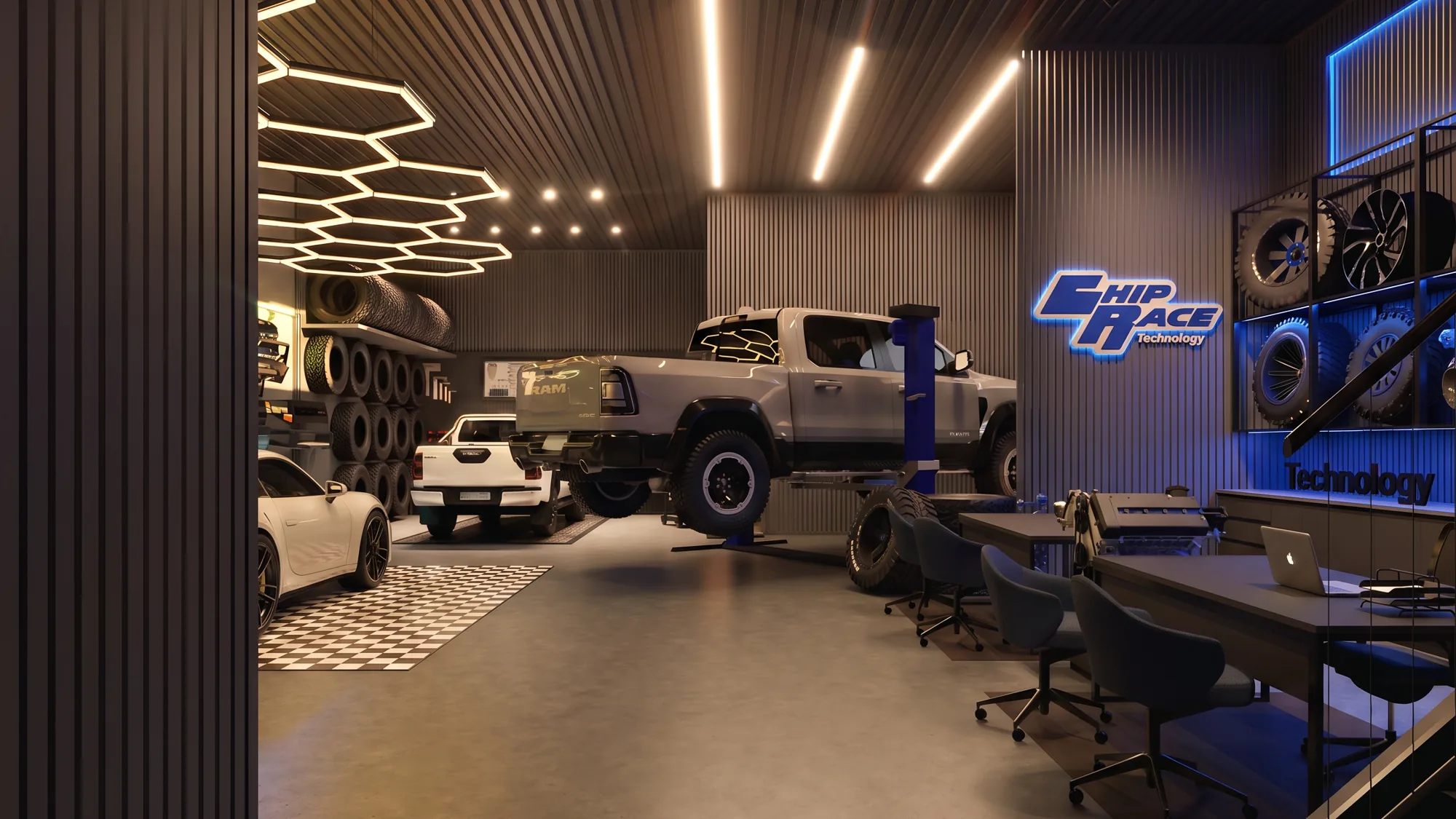 Interior de oficina de carros com escritório e elevador automotivo