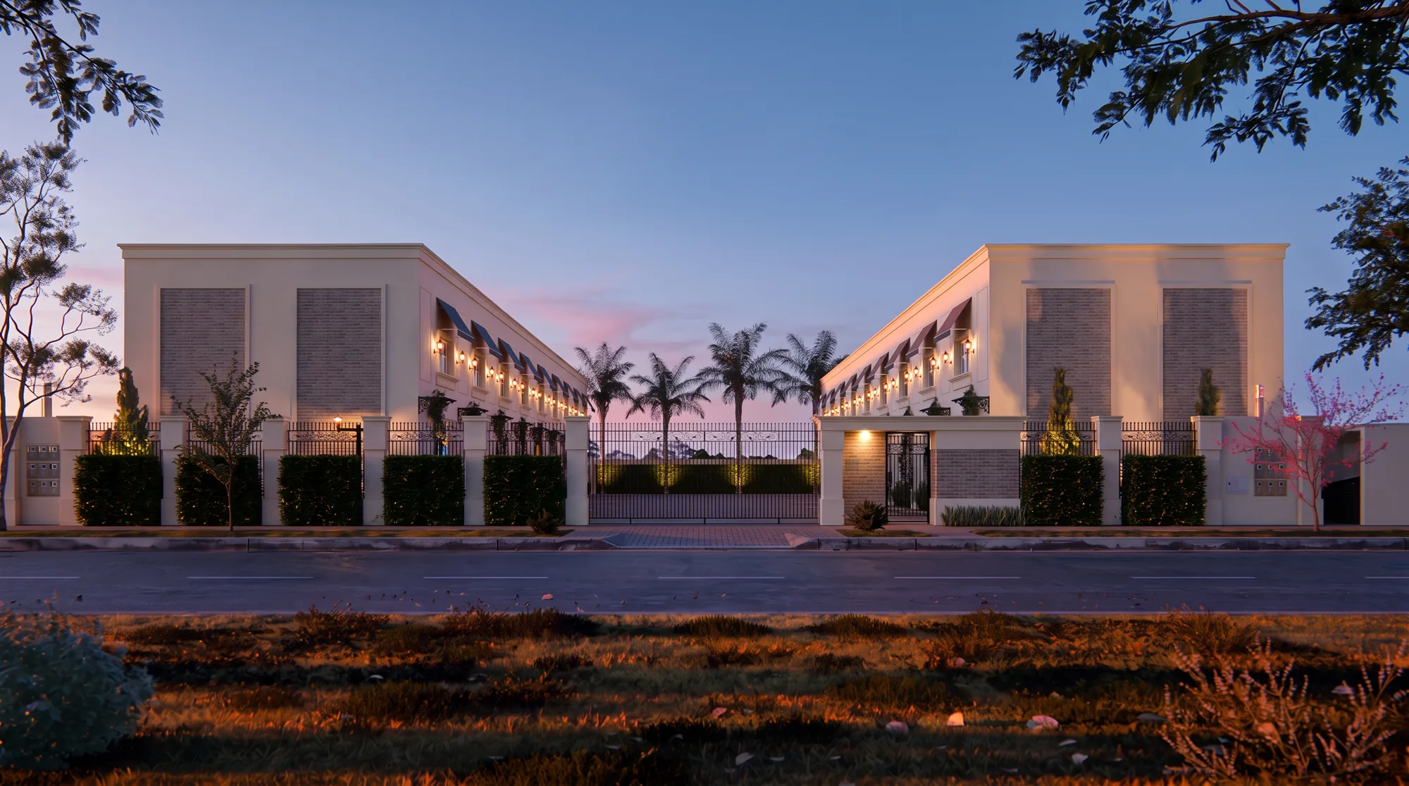 Conjunto de casas em estilo clássico ao entardecer