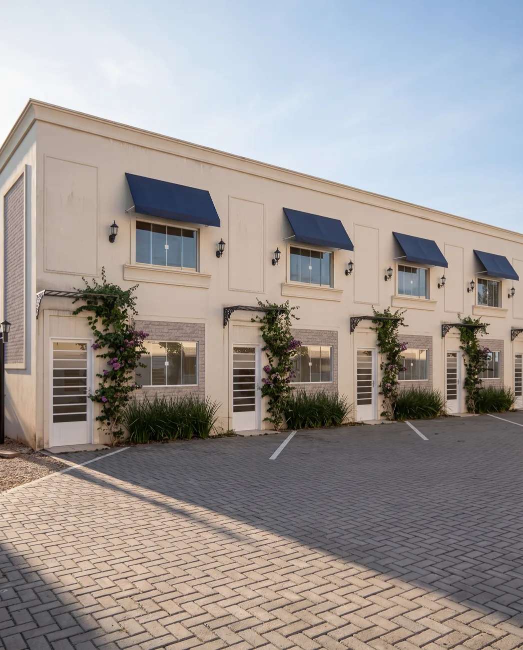 Casas em estilo clássico com toldos e trepadeiras