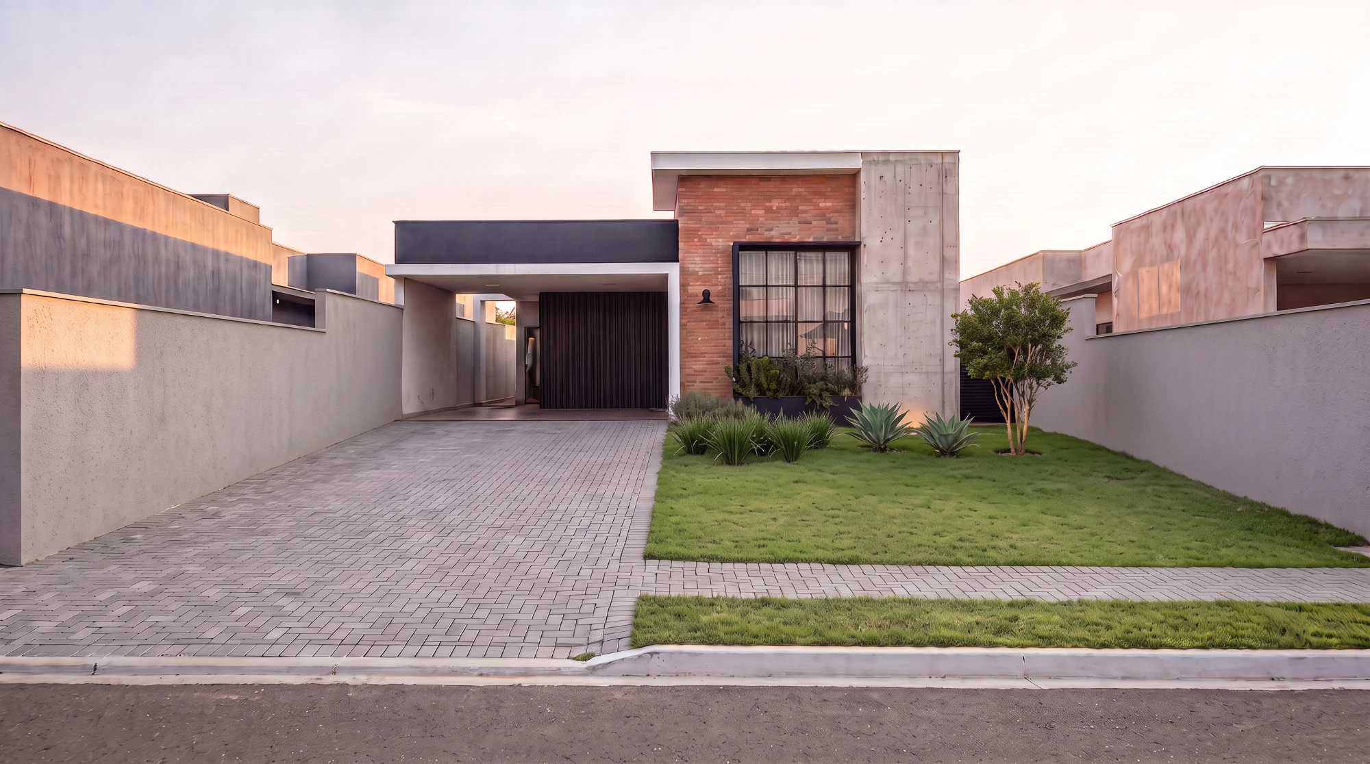 Casa com volume de tijolo aparente, concreto e esquadria preta, com jardim na frente