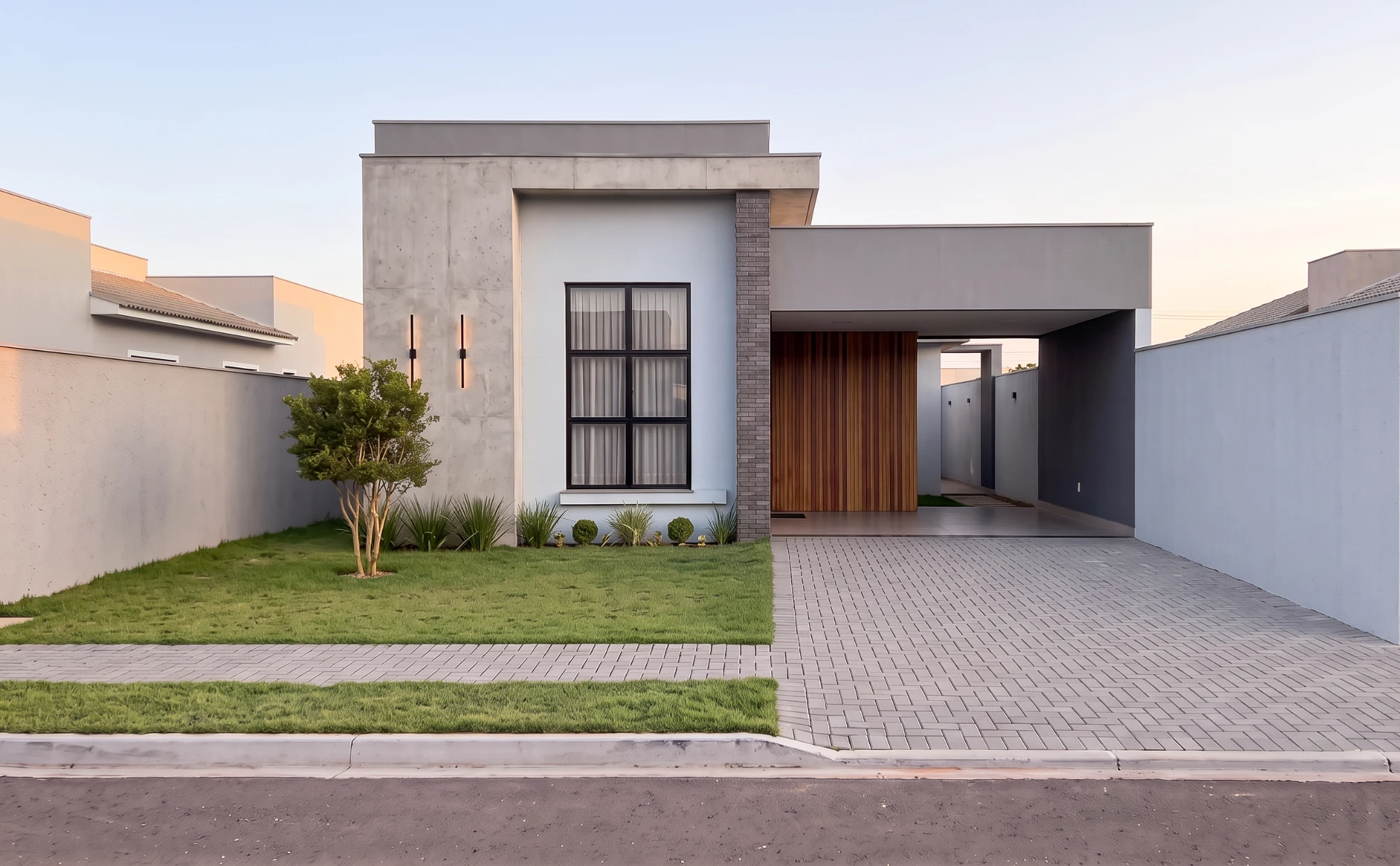 Casa térrea com volume em concreto, portão de madeira e jardim na frente