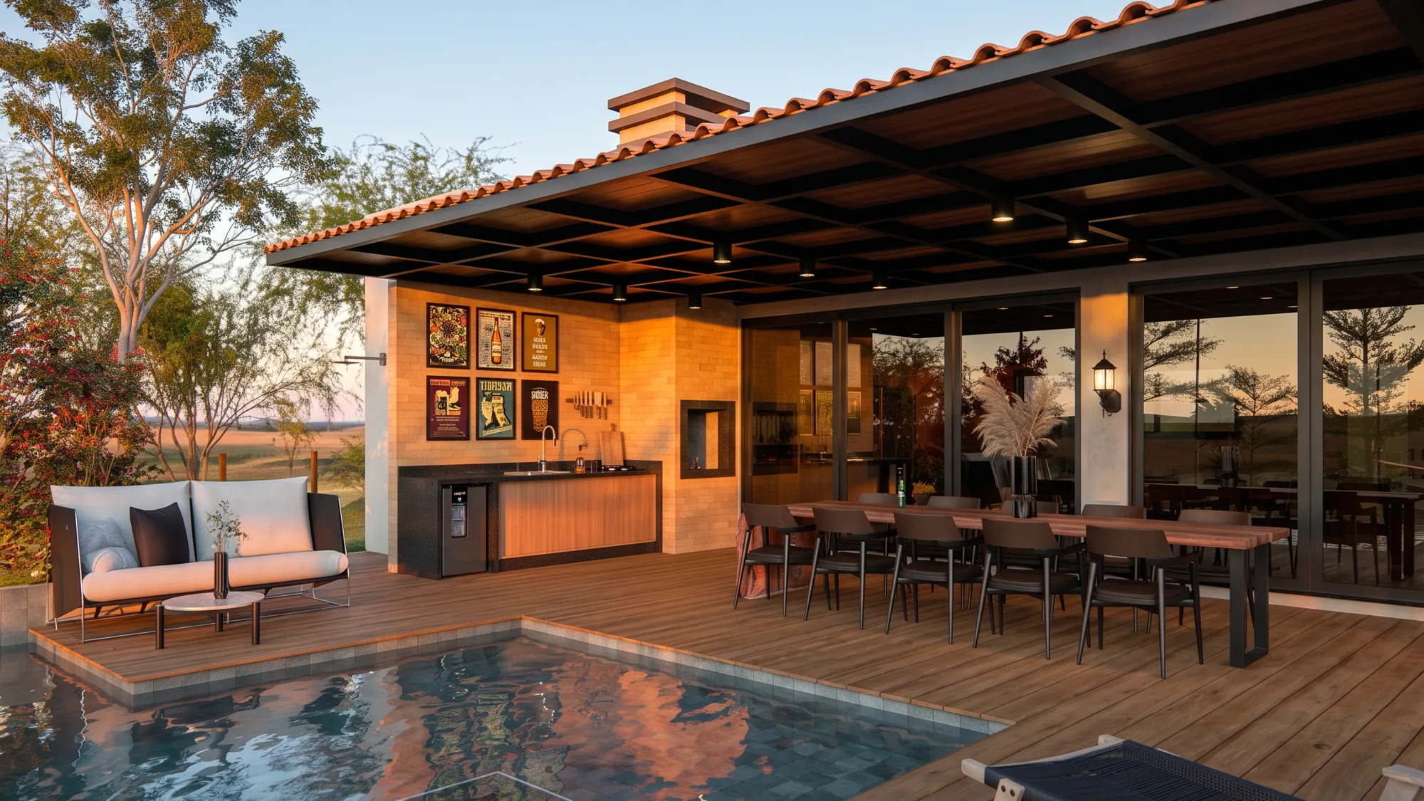Área gourmet coberta com piscina, deck de madeira e mesa para muitas pessoas