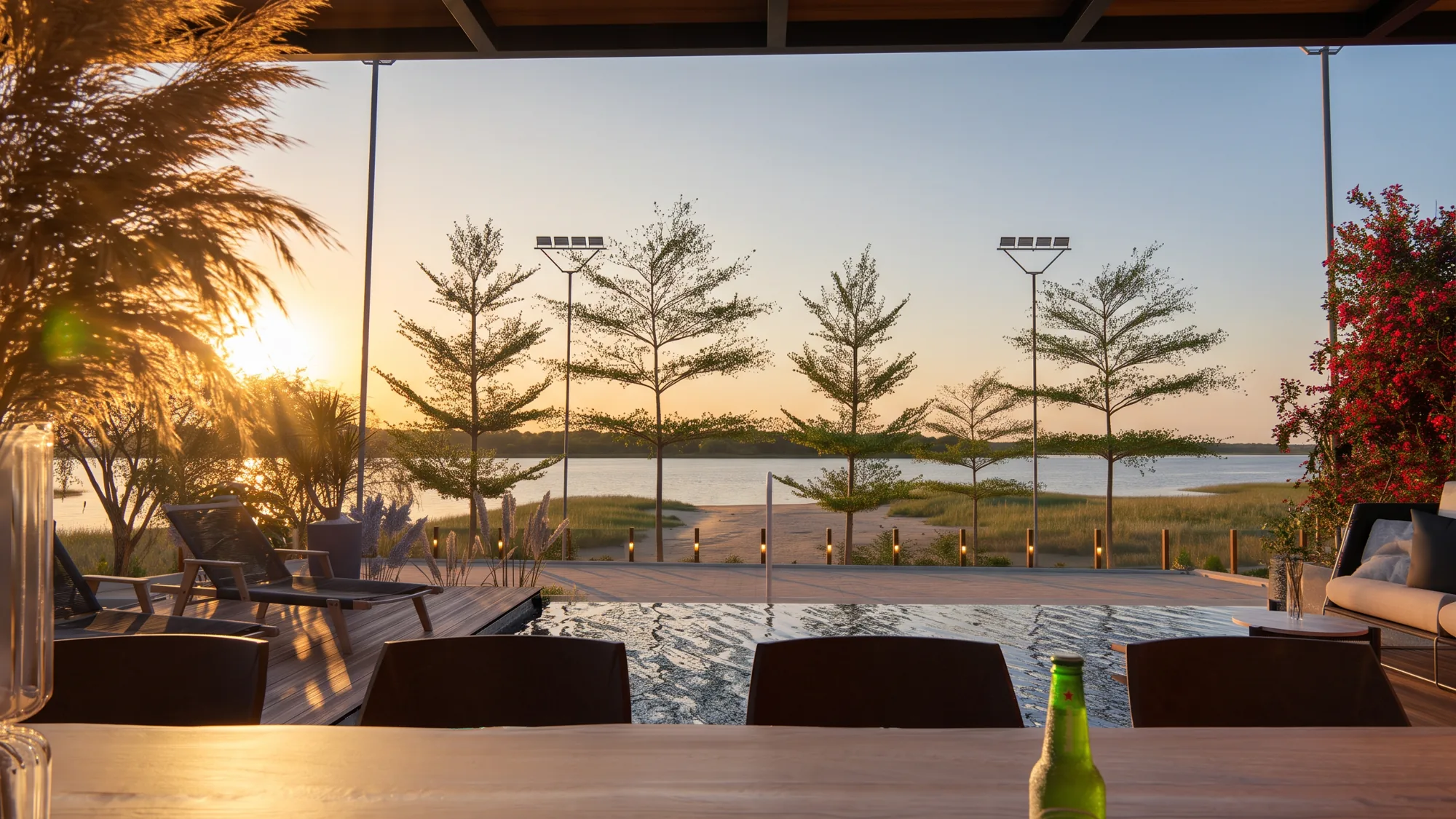 Vista do deck para a piscina e o lago ao pôr do sol
