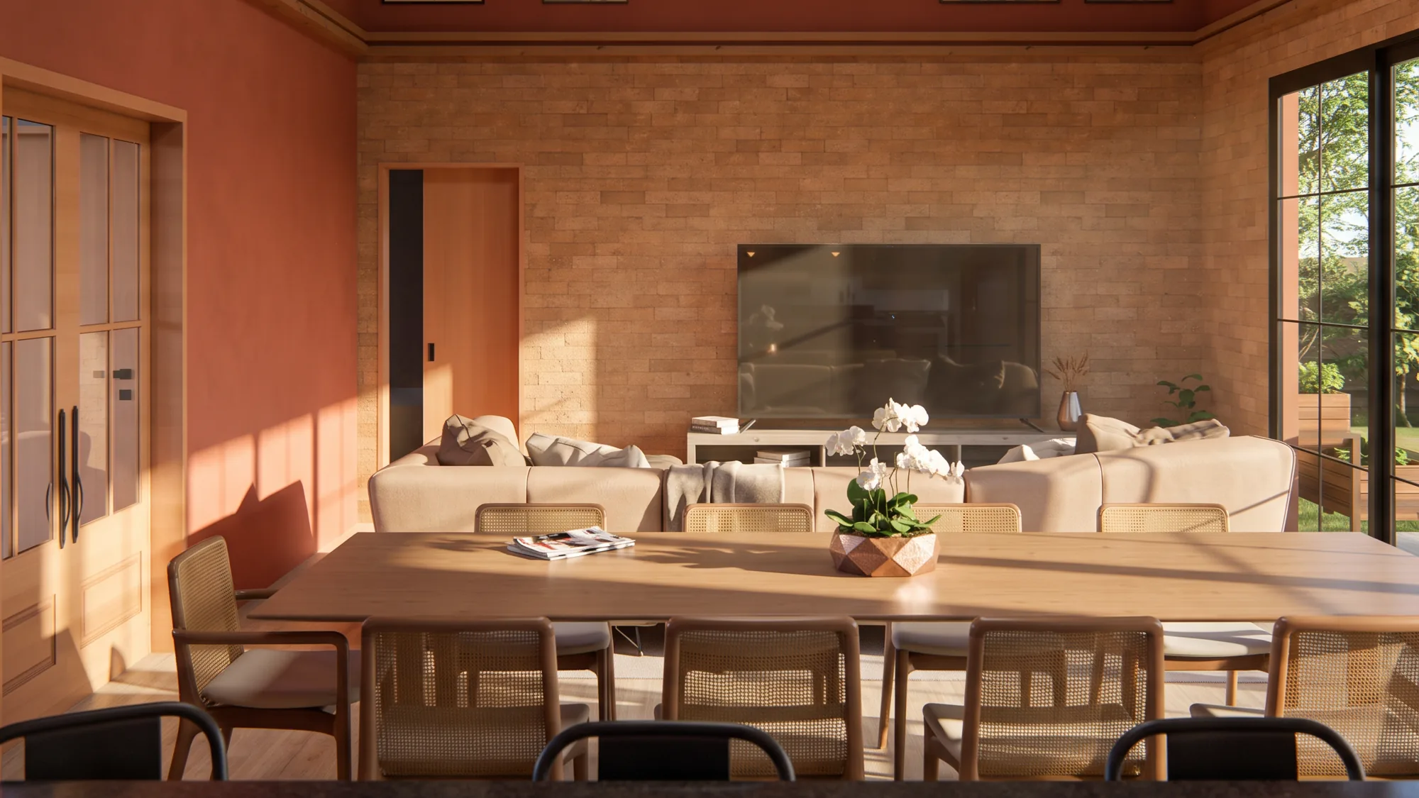 Sala de estar e jantar integradas, com parede de tijolo e paredes terracota