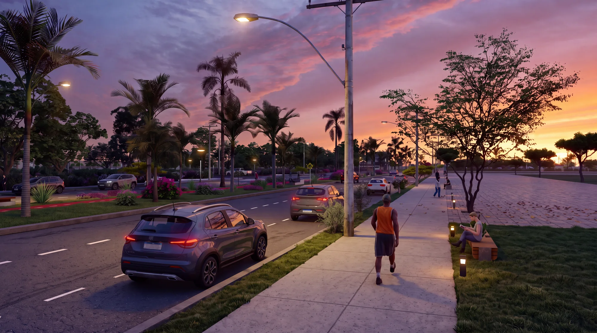 Avenida com ciclovia e calçada arborizada ao entardecer, projeto urbano