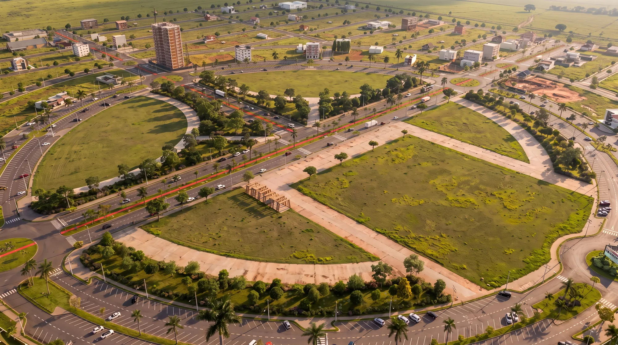 Vista aérea de praça e quadras de um projeto urbano